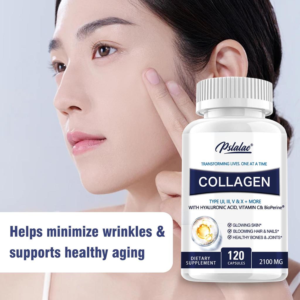 Premium Collagen Pills for Women - 120 Capsules, 2100 mg Grass Fed Collagen Supplements (Type I, II, III, V, X) + Vitamin C, Anti-Aging, Skin, Hair