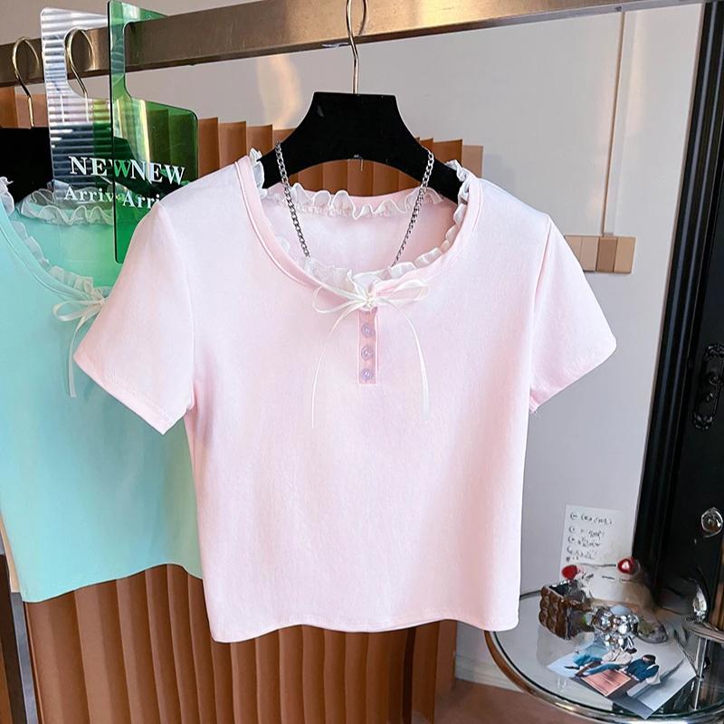 Női nyári rövid ujjú pólók koreai tiszta pamut egyszínű póló O nyakú csipke betétes crop top póló női alkalmi karcsúsított póló