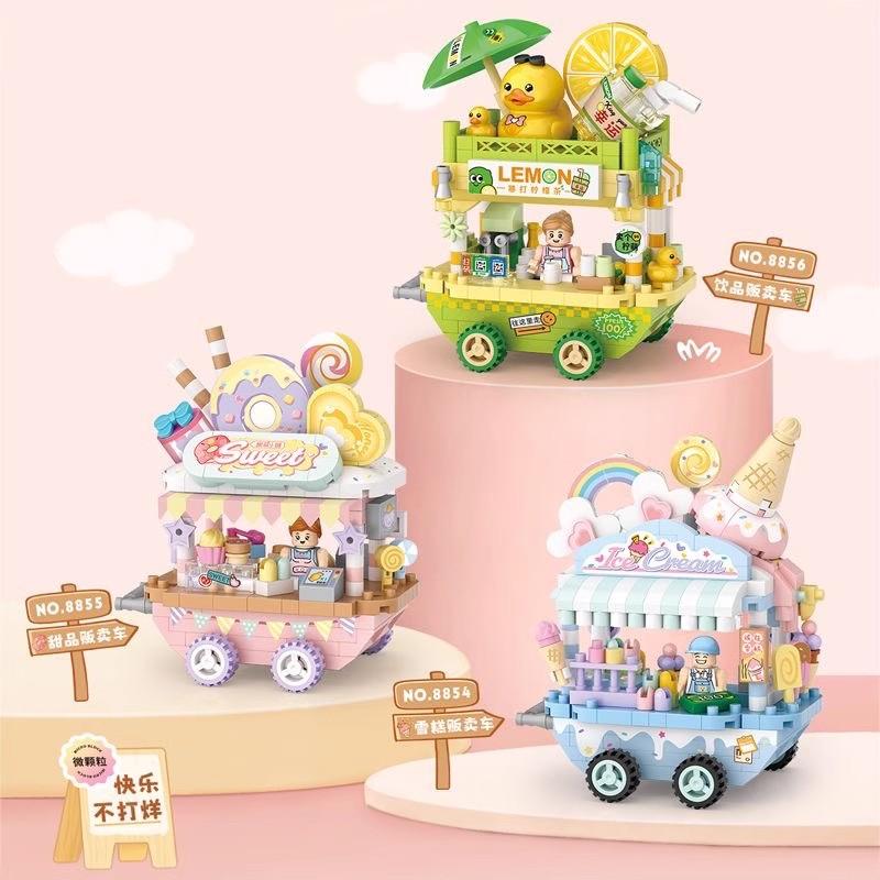 Stand Cart Blocks City Series Street View 300Pcs+ Food Truck Fruit/Icecream Shop Learning Build Toys Toys For Adult 8855