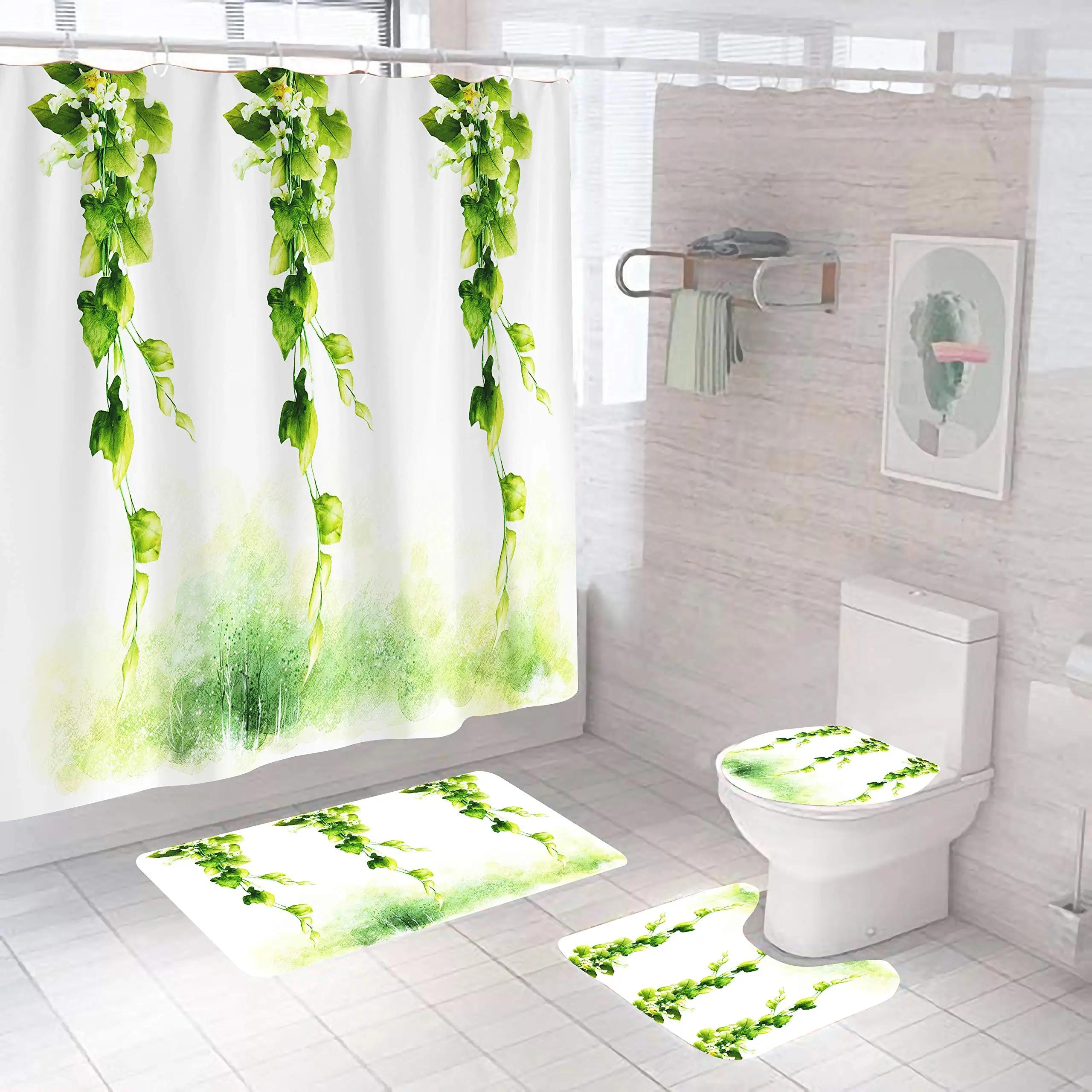 

Blue Green Leaves Shower Curtain Set With Non-Slip Rug Toilet Lid Cover Bath Mat And Hooks Plant Leaf Vine Waterproof Decor Sets W60H190(CM)-1 Pcs