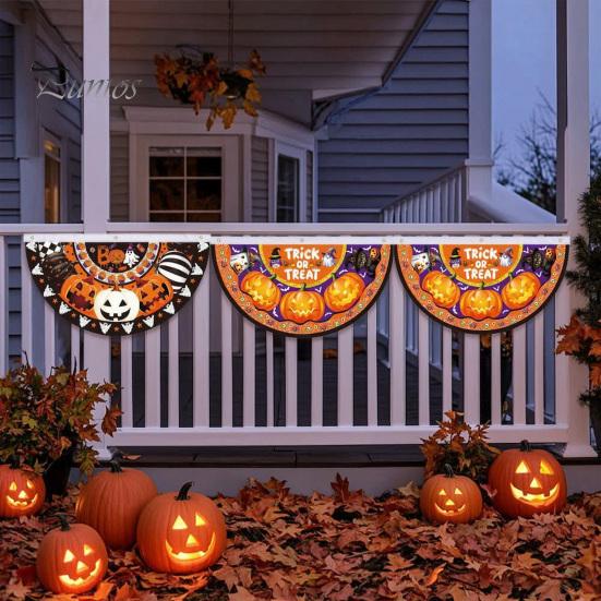 Large Halloween Yard Backdrop Semi Circle Bunting Banner, Pumpkin Bat Porch Decor, Haunted House Party Decor Spooky Festive Hanging Flag for