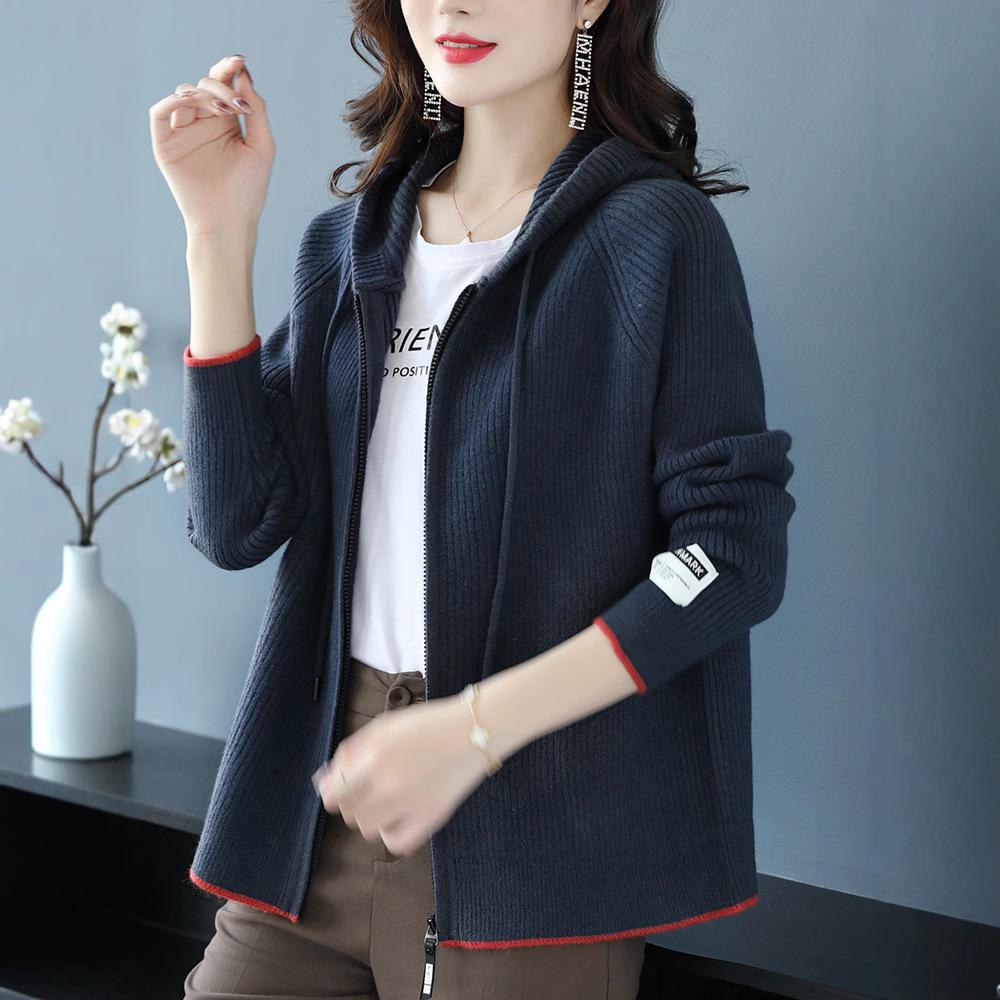 Knitted Hoodie Women's Spring and Autumn Solid-color Short Knitted Sweatshirt Hooded Zipper Sweater Cardigan Baseball Jacket