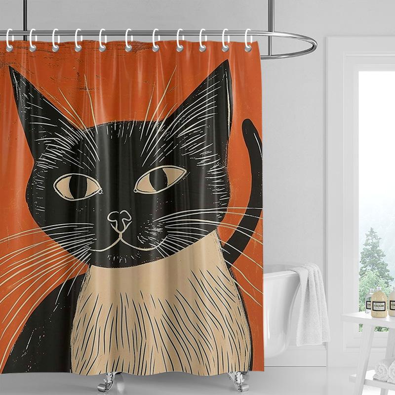 

Orange Tabby Cat Shower Curtain - Green Eyes & Red Ears On Black Textured Background, Waterproof Bath Decor With Hooks W60H190(CM)-1 Pcs