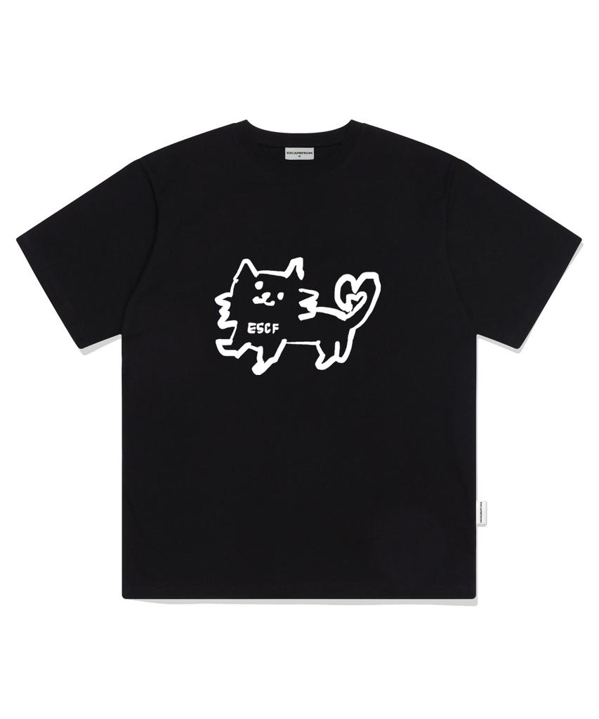 ESCAPEFROM Love Escape Cat Print Oversized Short Sleeve T-Shirt Black