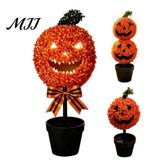 Outdoor Fall Yard Decorations Artificial Pumpkin Topiary Tree, Halloween Face Faux Boxwood Plants with Stake, Decorative Orange Autumn