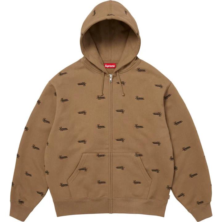 Supreme Repeat Script Zip Up Hooded Sweatshirt Dark Khaki