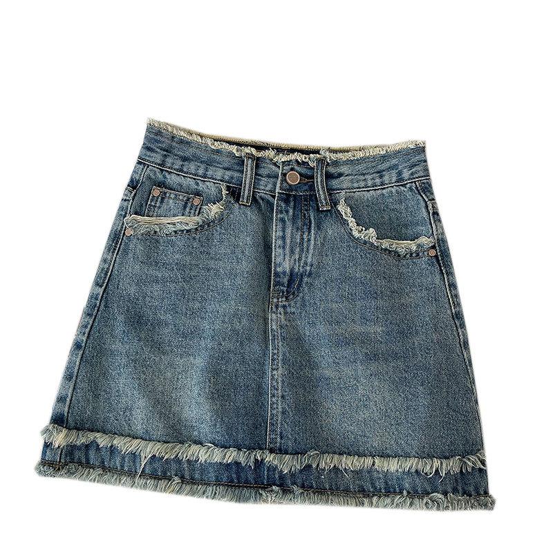 Classic Versatile Youthful Raw Edge Bustier Design Sense Retro High Waist A-line Package Hip Short Skirt Ladies Summer Fashion Denim Short Skirt