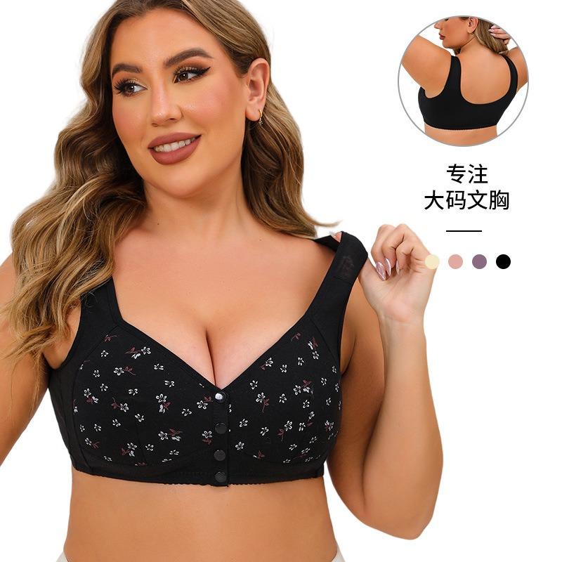 Styling cup front buckle medium and old underwear women's printing without steel ring wide shoulder strap vest new large size bra