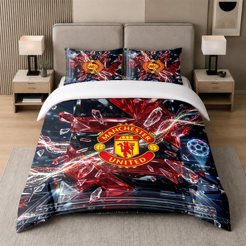 3-delt sengetøjssæt Manchester United Blad Sengetøj og To Pudevar Hjem Soveværelse Dekoration