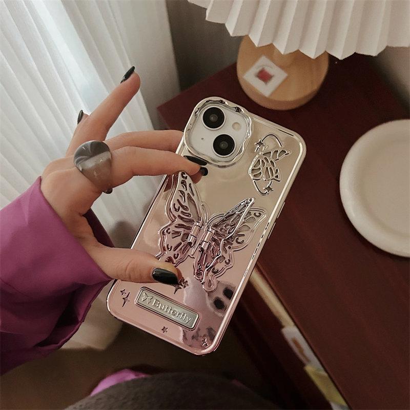 3D Butterfly Hollow uchwyt na telefon etui na iPhone 15 ProMax 14 13 Pro Max 15 12 Pro moda gradientowa matowa poszycie obudowa ze stojakiem