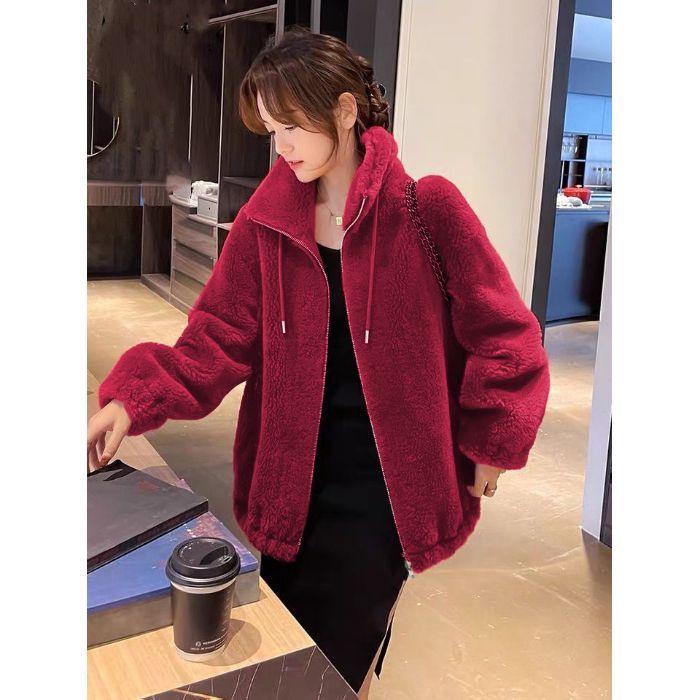 Short Women's Trendy Winter Double-Sided Fleece Stand Collar Hoodie Cardigan Zipper Jacket