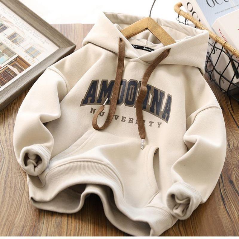 

Осень-зима Топы для мальчиков Теплые утолщенные толстовки Детские толстовки Спортивный костюм Детские принты Письмо Повседневная одежда 120 бежевый