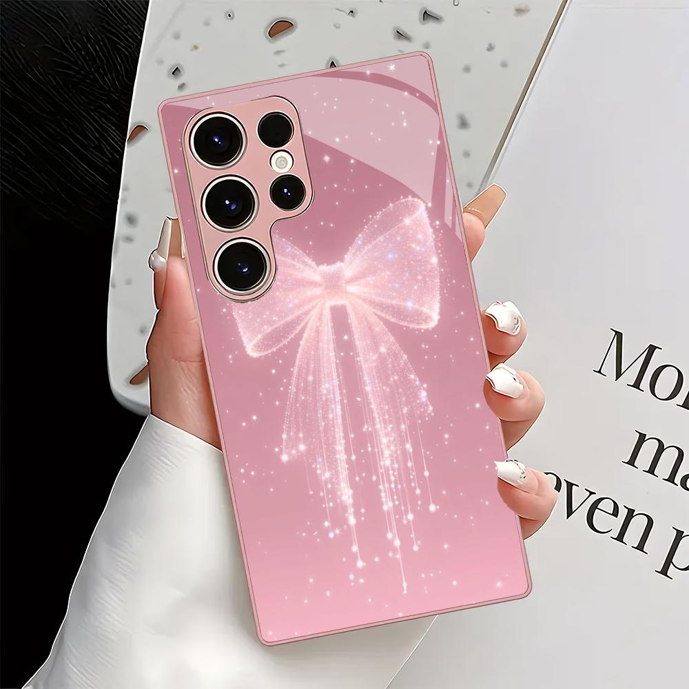 Pink bow design glass phone case suitable for Samsung Galaxy S26 S25 S24 S23 S22 S21 S20 FE/Ultra/Plus shockproof back cover