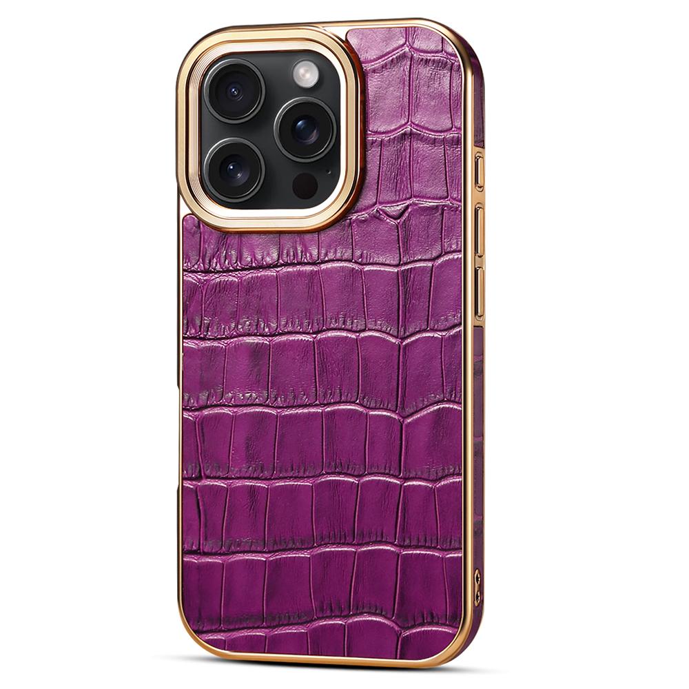 For iPhone 16 Pro Case Genuine Cow Leather Crocodile Texture Electroplating Phone Cover