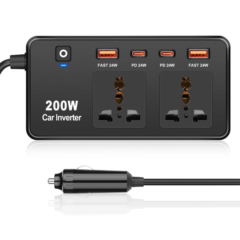 200W Car Power Inverter DC12V To AC220V with USB Ports for Tablets Laptops and Mobile Devices Long Drives Business Trips