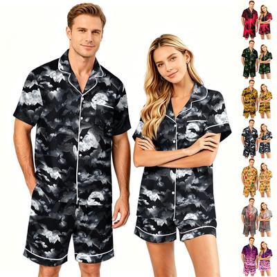 Set Pijamale Halloween Potrivite pentru Cuplu Cămașă cu Mânecă Scurtă și Nasturi cu Tiv și Pantaloni Scurți Pijamale Casual Moi S-XXXXL