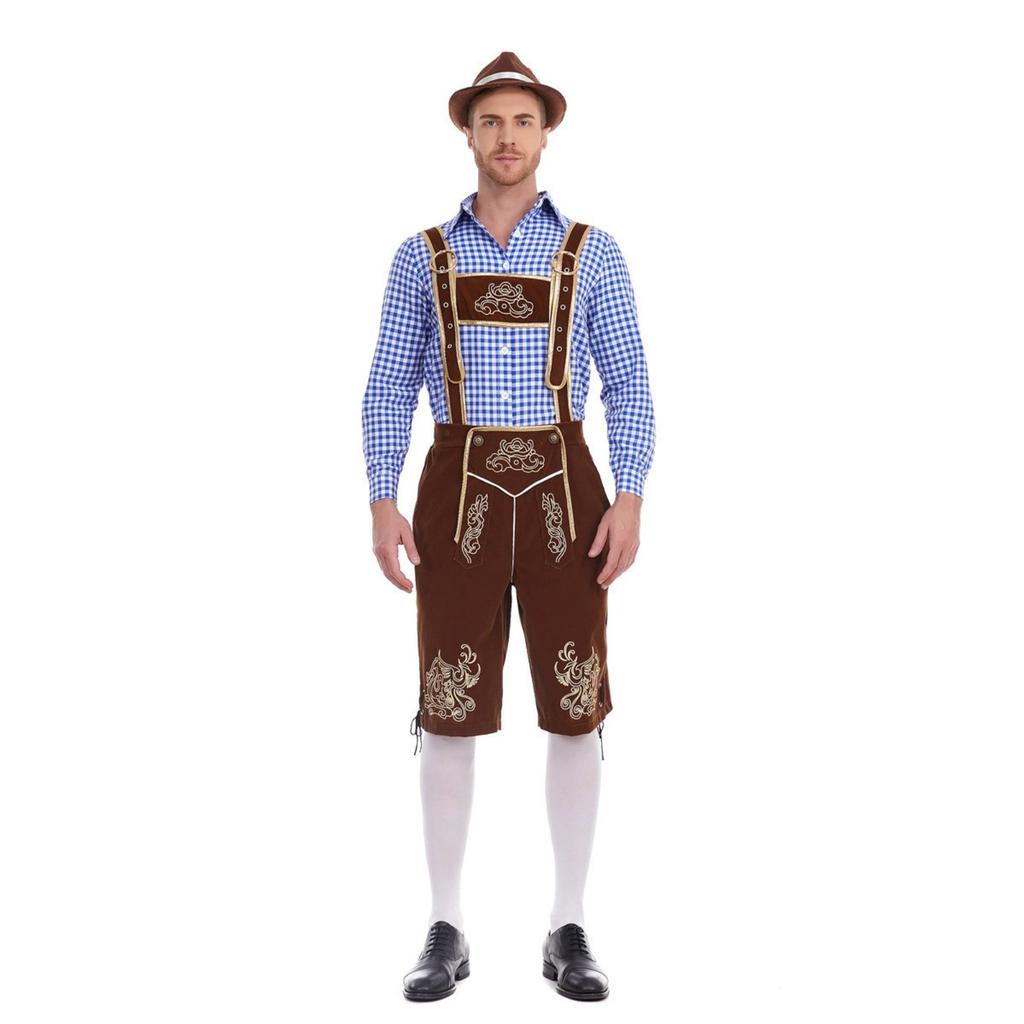 Herren Bayerische Oktoberfest Tracht - Kariertes Hemd & Hosenträgerhose Set