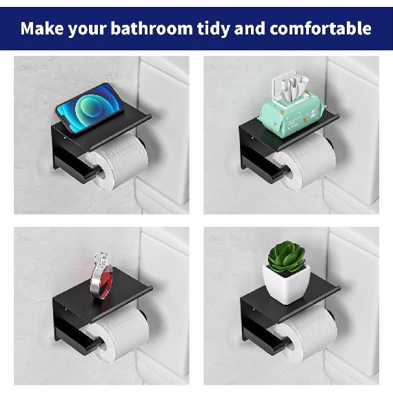 Matte Black Toilet Paper Holder with Shelf, Fits Mega Rolls, Rustproof Stainless Steel, Self Adhesive Wall Mount Toilet Paper Roll Holder, for