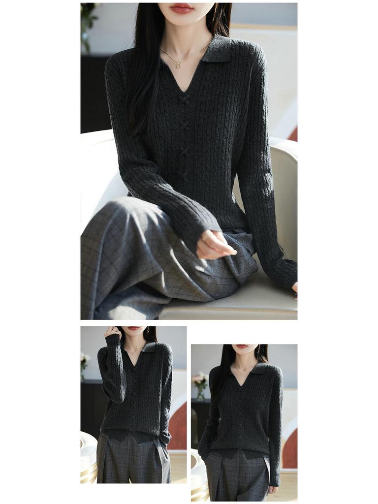 2025 Spring Women's Loose Lapel Pure Wool Cable Knit Sweater