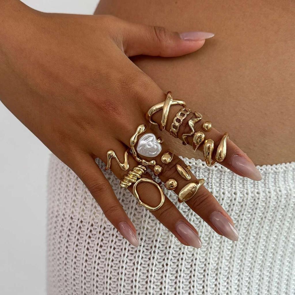 PuRui Vintage Multi piece Set Creative Unique Disign Imitation Zircon Open Rings Kncukle for Women Summer Festival Zircon Gift