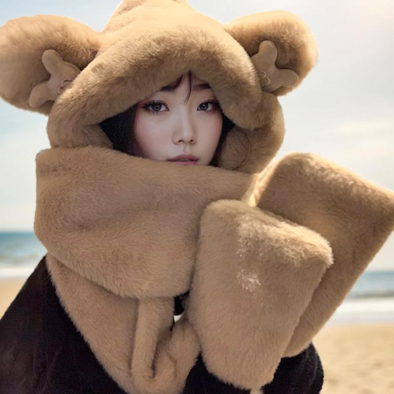 

Cute Bear Scarf Hat Gloves Three Piece Set Knitted Hat Winter New Style Female Student Versatile Warm Plush Hat