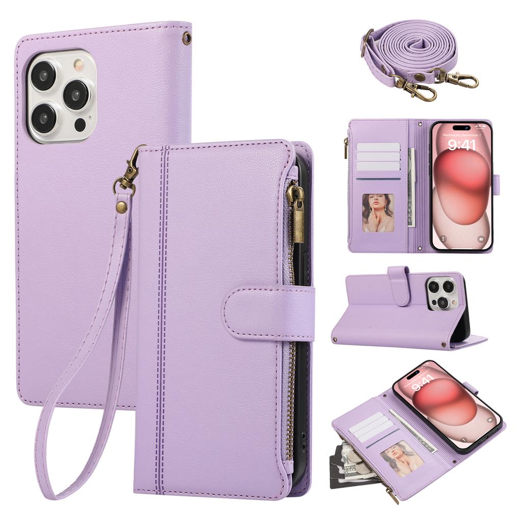 For iPhone 15 Pro Case Multi Card Slots Zipper Leather Phone Cover with Shoulder Strap/Wrist Strap