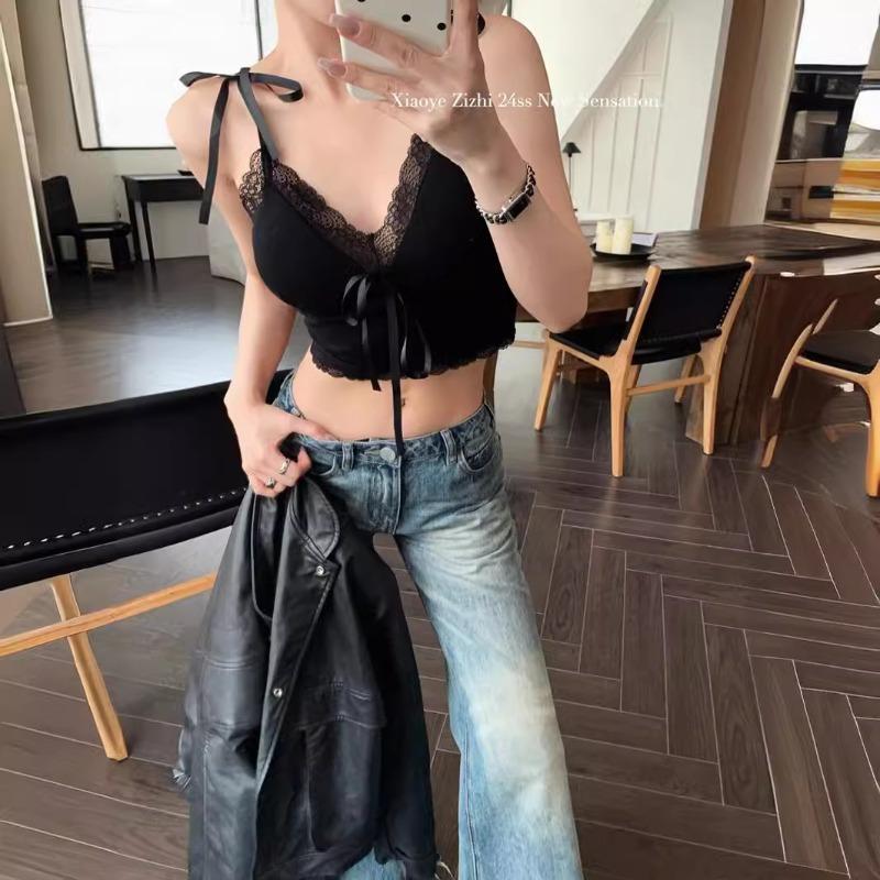 Cotton Net Red I Pure Wind Lace Patchwork Vest Halter Women's Spring Bow Lacing Inside The Female