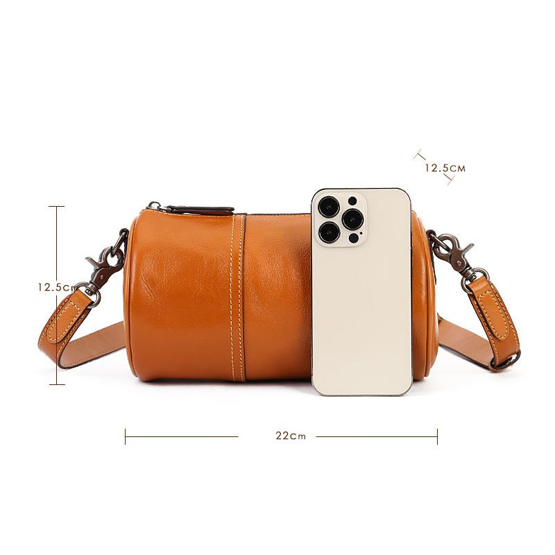 Single Shoulder Bag Fashionable Retro Large Capacity Cylindrical Bag Genuine Leather One Shoulder Crossbody Bag