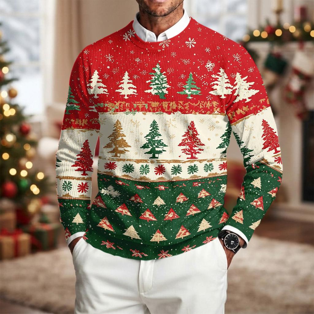Men's Crewneck Long Sleeve Ribbed Knit Pullover Sweater with Christmas Print for Winter