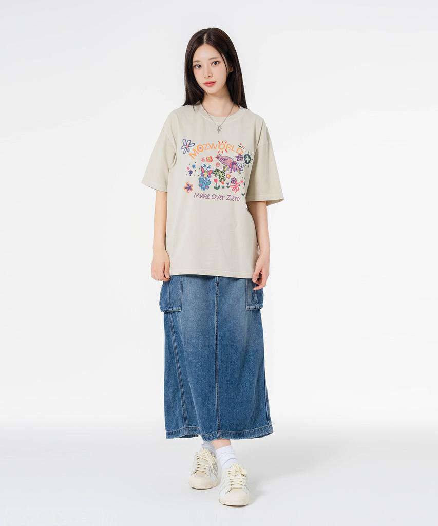MOZMOZ World Oversized Pigment Short Sleeve T-Shirt Beige