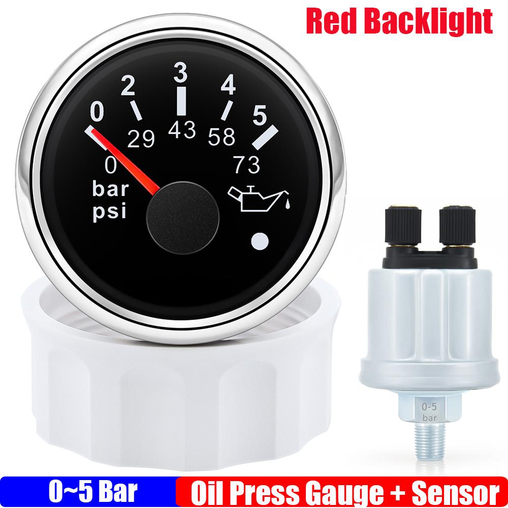 

Червоне підсвічування 0-5 бар 52 мм манометр+датчик тиску масла з миготливим сигналом 0~10 бар лічильник тиску масла для автомобільного судна 12 В 24 В