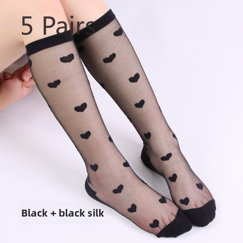 5 Pairs Women's Spring and Summer Stockings In The Tube Love Jacquard Transparent Stockings Glass Silk Stockings for Women