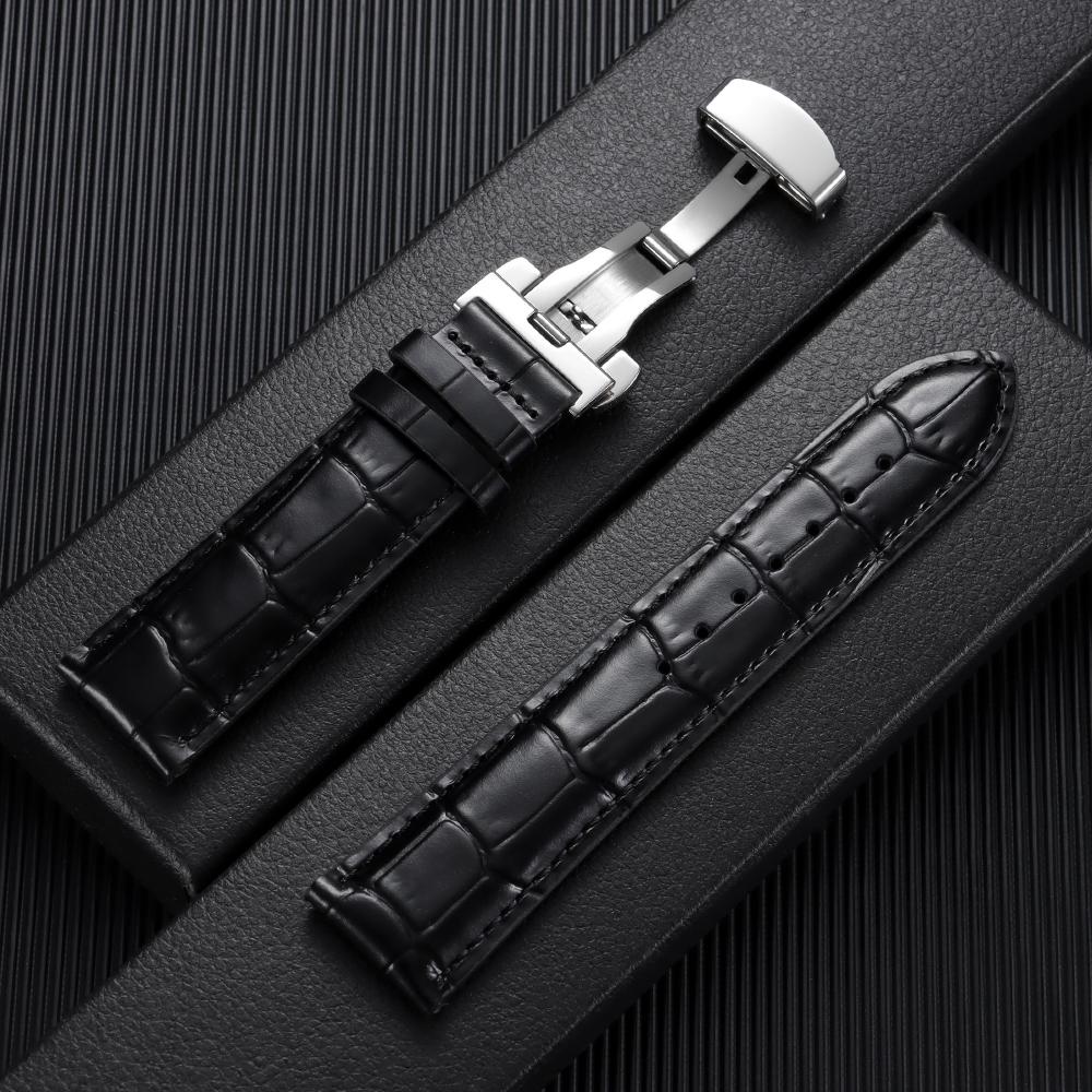 Motýlová přezka Pravý teletinový kožený řemínek k hodinkám pro Tissot 18/19/20/21/22mm Náhradní měkký řemínek na zápěstí pro muže ženy 22mm černá