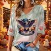 Women's Casual V-Neck Three-Quarter Sleeve Halloween Print Top