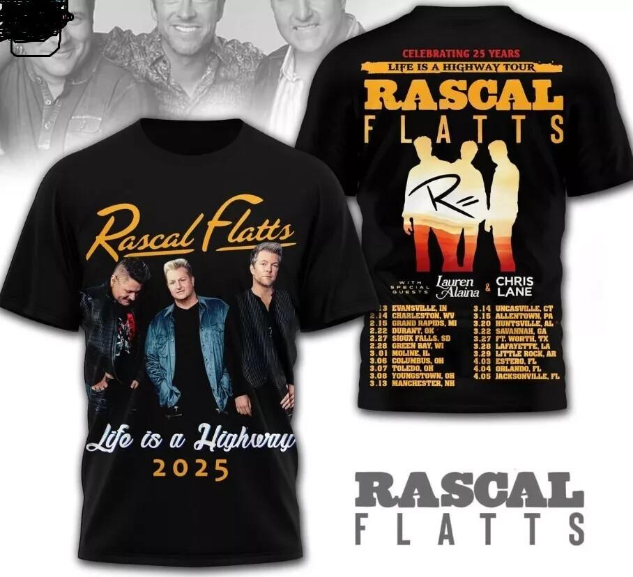 Celebrating 25 Years Life Is A Highway Tour Rascal Flatts 2026 3D T-Shirt XL