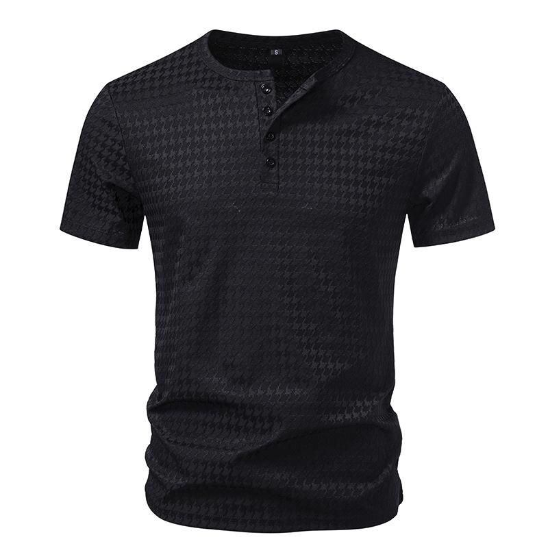 Men's Houndstooth Jacquard Henley T-Shirt - 4-Button Placket Short Sleeve Casual Slim Fit Daily Tops In 3 Versatile Color Options