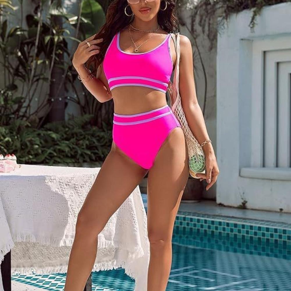 OFTBUY 2025 New Summer Sexy Sports Style High-waisted Swimsuit Women 2 Pieces Bikini Set Removable Bra Beach Swimwear Female