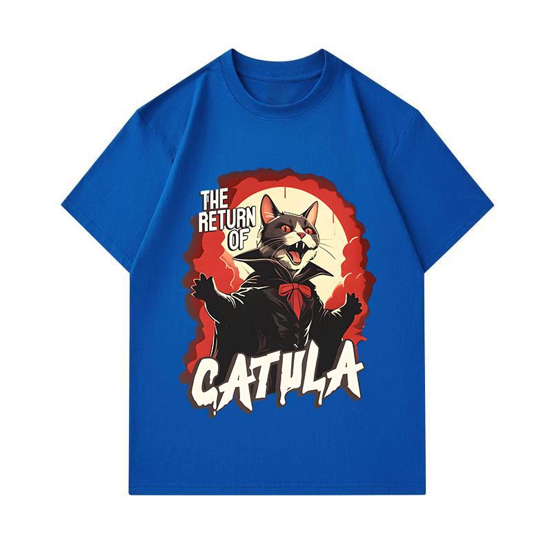 Men's 100% Cotton Crew Neck Short Sleeve T-Shirt, The Return of Catula Vampire Cat Print Casual Halloween Costume Top for Daily Wear