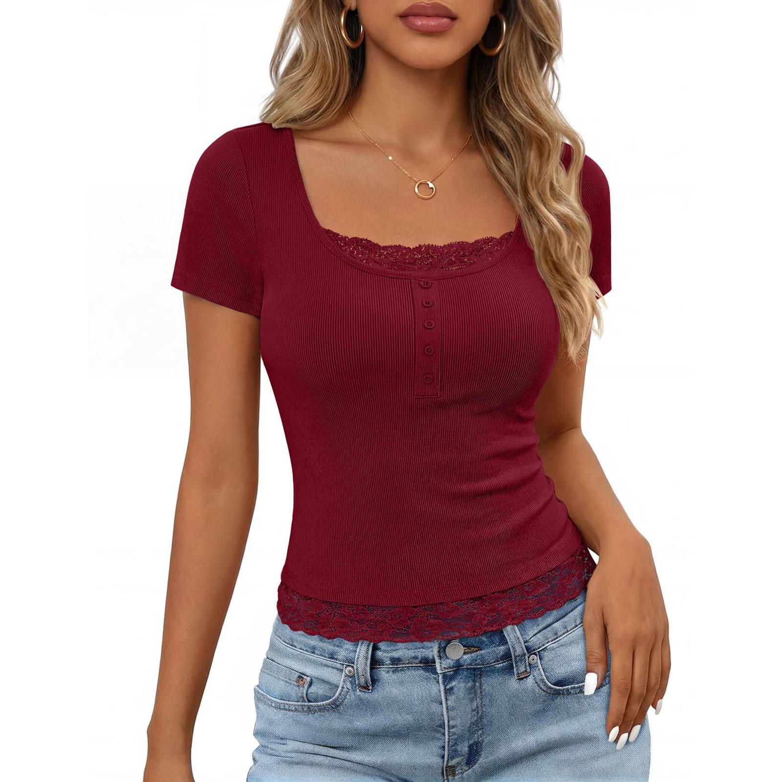 Women s Casual Loose-Fit Short-Sleeve T-Shirt Top M красный