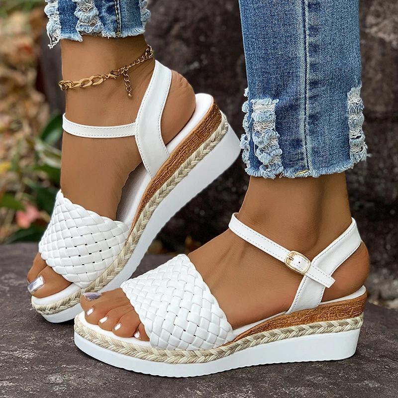 Fashion Women Shoes White Woven Straps Wedges Sandals Women Summer Plus Size Platform Gladiator Sandals Woman Ankle Buckle Beach Sandles