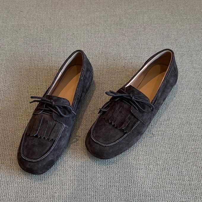 

Sheepskin version~ suede retro leather one-pedal loafers women s round head lace-up flat-bottomed lazy fringed beanie shoes 40