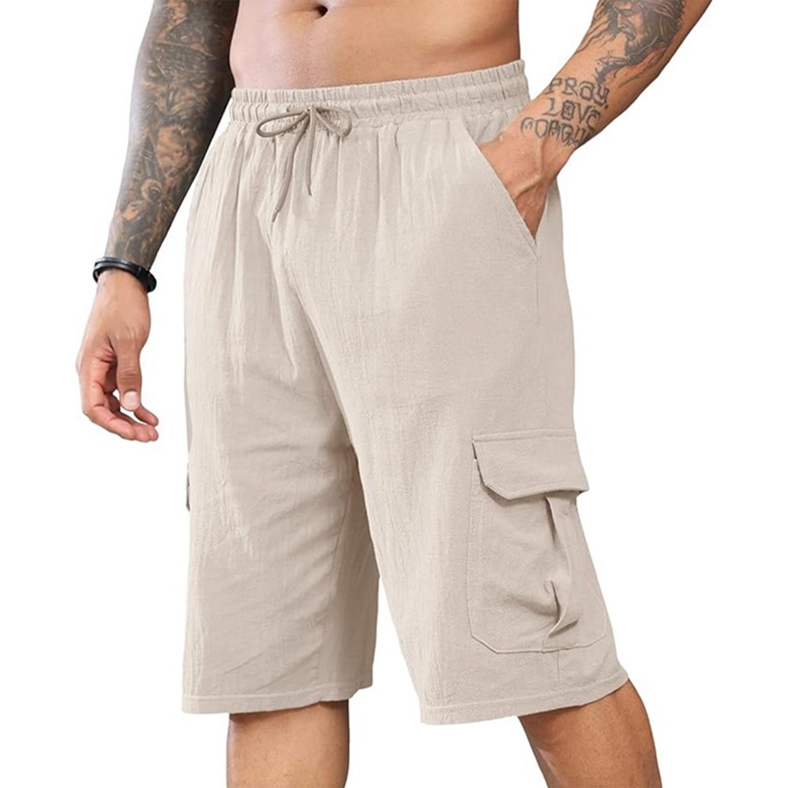 

Men s Linen Short Pants With Multiple Pockets And Drawstring Waistband - Beach Work Pants L бежевый