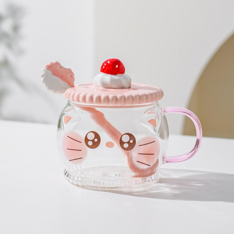 Creative Cute High Borosilicate Glass Mug Pink Girl Heart Gift Water Cup with Lid Spoon Pig Cat Cup