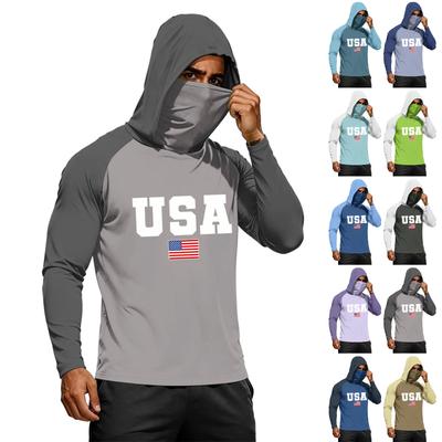 Men's Long Sleeve Hooded Raglan Top USA Letter Print Lightweight Pullover Casual Activewear Shirt