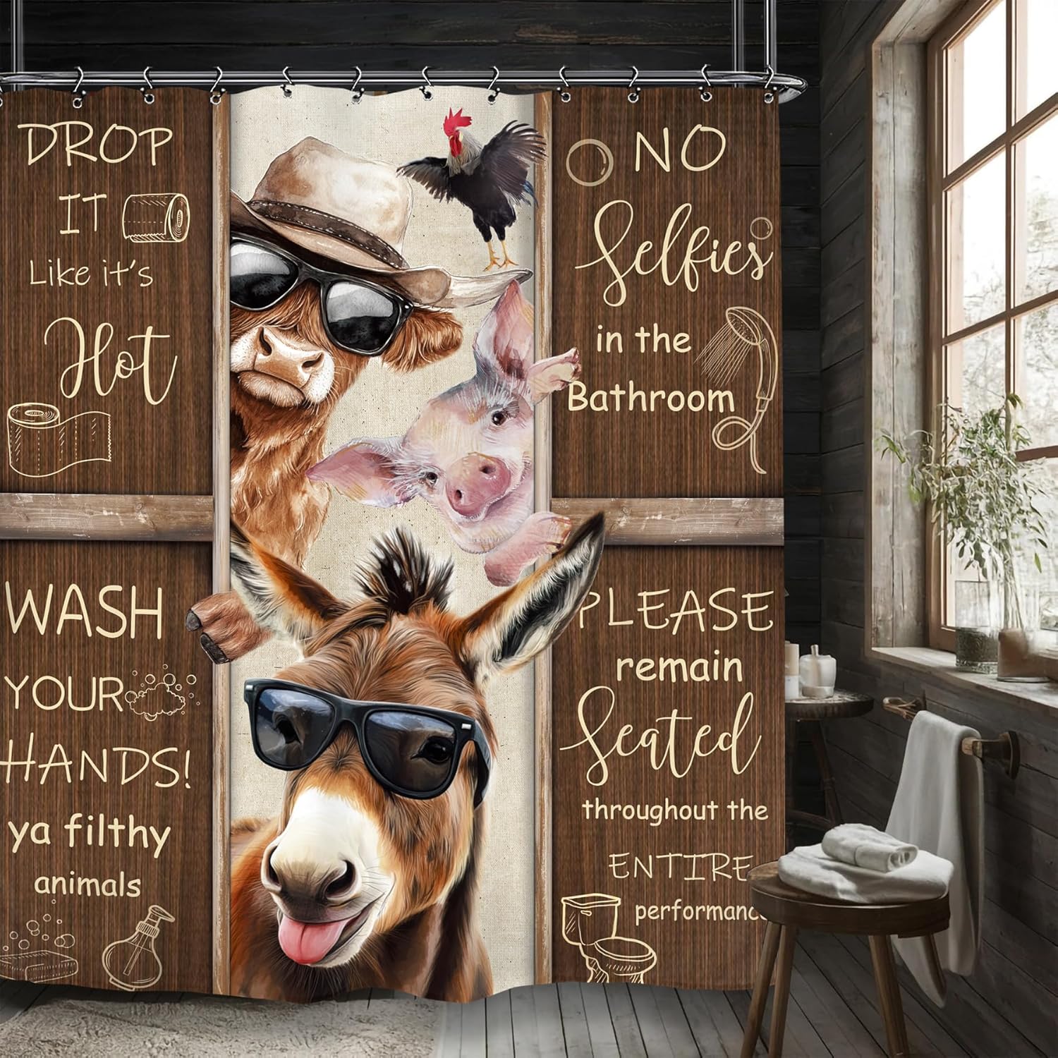 

Funny Farm Animal Design Shower Curtain - Donkey, Cow & Pig In Rustic Brown, Waterproof Bathroom Decor With Hooks W60H190(CM)-1 Pcs