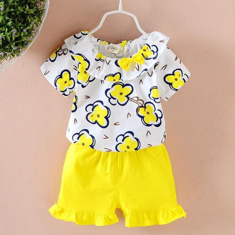 Summer New Girls Short Sleeve Shorts Flowers Two-piece Baby Sweet Suit