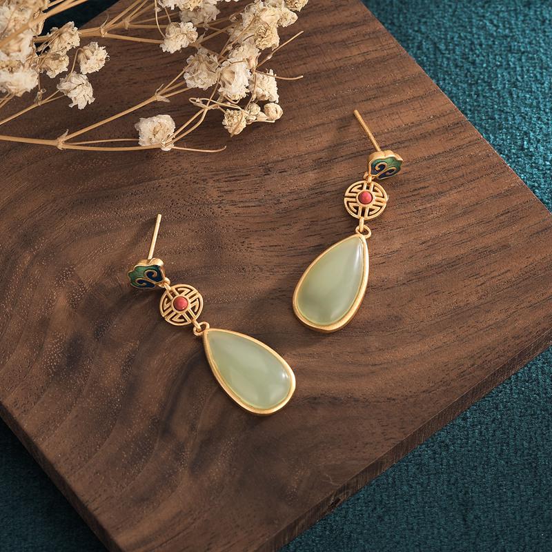 Aieryuan Hanfu Enamel Stud Earrings with Imitation Jade & Southern Red Agate Cloud Design