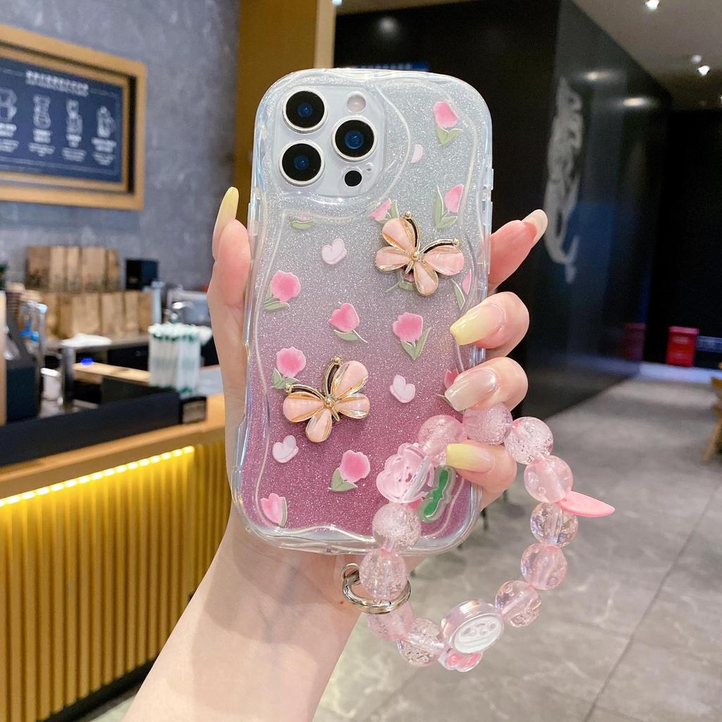 Applicable To OPPO RENO15F Small Floral Transparent Mobile Phone Case A6X Three-dimensional Butterfly Tulip Bracelet for Women