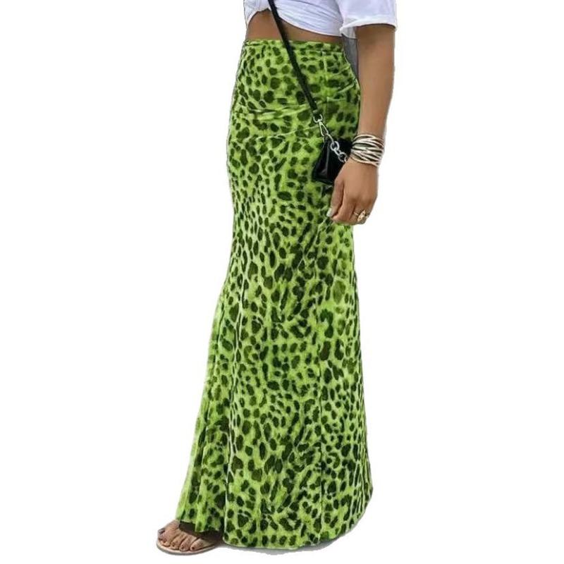 Women Leopard Print Elastic Waist Bodycon Maxi Skirt