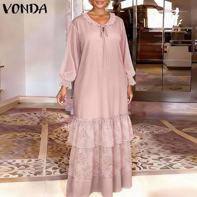 Summer Women Round Neck Long Sleeve Floral Patchwork Pleated Long Dress
